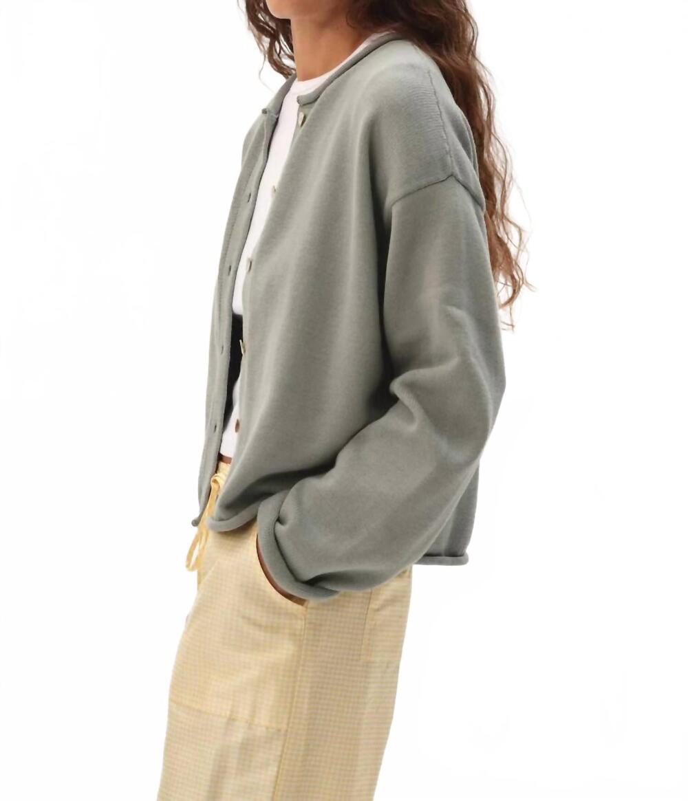 NEW DONNI. cotton knit roll cardigan in sage - Picture 3 of 7